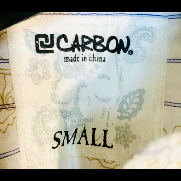 Men’s SzSmall “CARBON” white/gold paisley print/blue pin stripe button down tee - Picture 3 of 5